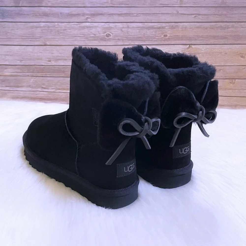 UGG Classic Double Bow Mini Black Suede Boots - Picture 1 of 9